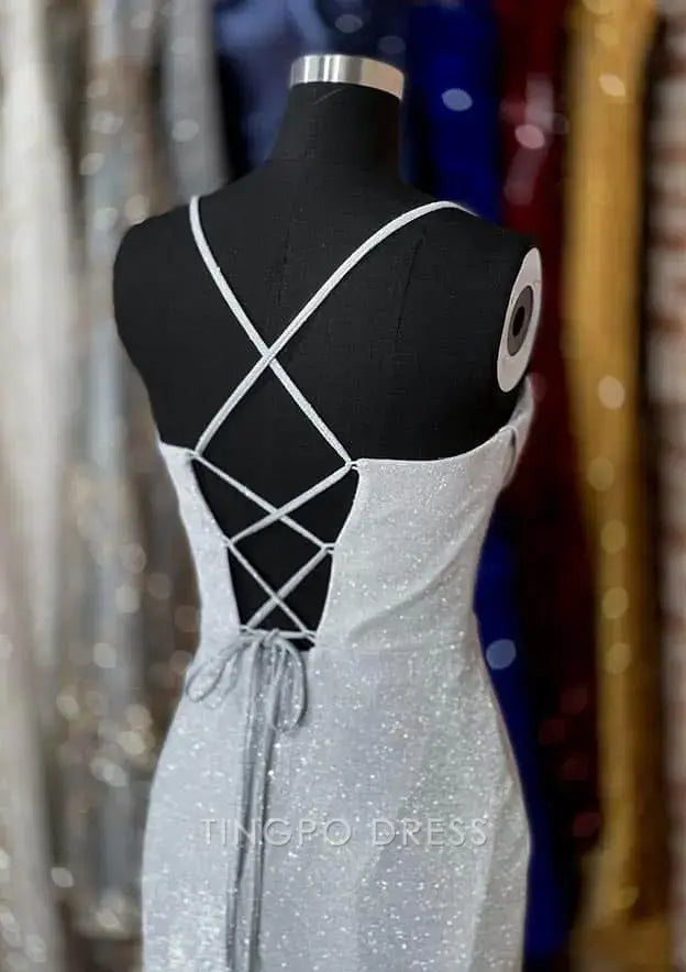 TingPo Wholesale Elegant Trumpet/Mermaid Sweetheart Spaghetti Straps Sweep Train Glitter Prom Dress With Pleated Split